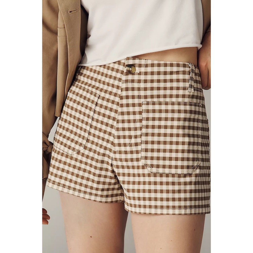 Anthropologie Maeve Colette Gingham Shorts Ivory Brown 26 New With Tags